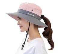Muryobao - Cappello estivo da donna a tesa larga, protezione dai raggi UV, con foro per coda di cavallo - rosa - Taglia unica