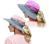 Muryobao Confezione da 2 cappelli da sole estivi da donna con coda di cavallo e protezione UV a tesa larga pieghevole Safari, Confezione da 2, viola e rosa, Taglia unica