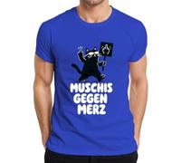 Muschis gegen Merz - Maglietta da uomo con gatto, Blu, S