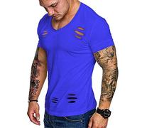 Muscle Alive Uomo Casual Magliette Collo Manica Corta Sportivo Taglio Muscolare Magliette per Palestra Bodybuilding Cotone Lavato T2302 vestibilità Slim Blu L