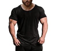 Muscle Alive Uomo Casual Magliette Collo Manica Corta Sportivo Taglio Muscolare Magliette per Palestra Bodybuilding Cotone Lavato T2301 Perdere Peso Nero S