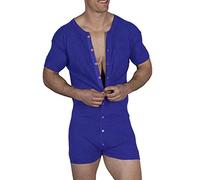 Muscle Alive Uomo Tuta Intera da Maniche Corte Uomo in Tutina Henley in Cotone Elasticizzato Super Confortevole Blu L