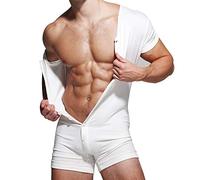 Muscle Alive Uomo Tuta Intera da Maniche Corte Uomo in Tutina Henley in Cotone Elasticizzato Super Confortevole Bianca XXL