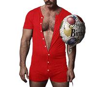 Muscle Alive Uomo Tuta Intera da Maniche Corte Uomo in Tutina Henley in Cotone Elasticizzato Super Confortevole Rosso M