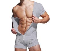Muscle Alive Uomo Tuta Intera da Maniche Corte Uomo in Tutina Henley in Cotone Elasticizzato Super Confortevole Grigio L