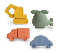Mushie Giocattolo da Bagno con 4 Veicoli Galleggianti per Neonati, Bambini Piccoli e Bambini | In silicone per alimenti per il divertimento del bagnetto | Elicottero, Auto, Camion e Scavatore