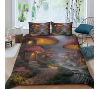 Mushroom housescopripiumino morbida microfibra 3 pezzi motivo 3D con cerniera Fantasy village scene Set Di Copripiumino con federe per cuscini morbido e comodo for adulti King（220x240cm）