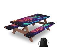 Music Note Galaxy, 3 pezzi copertura per tavolo da campeggio con protezioni per panche, colorate, elasticizzate, impermeabili, rettangolari, set da pranzo all'aperto con custodia