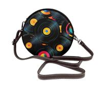 Music Record - Borsa a tracolla rotonda da donna, in pelle vegana, con tracolla regolabile