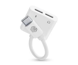 Music Sound - Music & Charge Usb-c/Usb-c - Adattatore Aux-Split - Carica il tuo smartphone e ascolta la tua musica preferita - Carica 60W - Lunghezza cavo 10 cm - Bianco