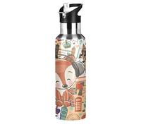 Musica Volpe Inghilterra Carino Borraccia Termica con Cannuccia Sportiva, Bottiglia Acqua in Acciaio Inox Isolato 600ML Senza BPA per Bevande Calde e Fredde per Bambini Scuola