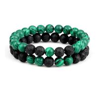 Musihy Bracciali Perline Elasticizzati, 2Pcs 8mm Verde Nero Malachite Roccia Lavica PietraBraccialetto per Uomo Donna, Stile 4 | Elastico Lunghezza 18CM