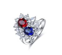 Musihy Donna Argento Anello con doppio fiore, rubino e zaffiro creati in laboratorio con moissanite, Taglia 23,5