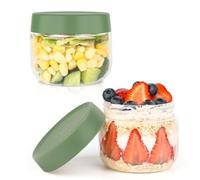 Musiwanna Overnight Oats - Bicchieri da 300 ml, 2 pezzi, per Overnight Oats con coperchio ermetico, piccoli barattoli rotondi in vetro per Meal Prep, Jogurt, cereali, porridge (coperchio verde)