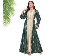 Muslim Gold-Embroidered Abaya Dress Set Comfortable And Breathable Fabric Elegant And Graceful Robe with Lace Belt (Green,M)