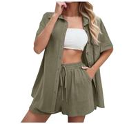 Mussola in due pezzi da donna, in mussola, camicia e pantaloncini, set da due pezzi, a maniche lunghe, in lino, traspirante leggero tinta Y2k Two Piece Set Locker Lounge Beach Outfit Set Vacanze