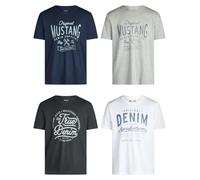 Mustang, Confezione da 4 Magliette da Uomo con Stampa Frontale e Scollo Rotondo, Colori Assortiti Blu e Nero