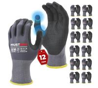 Mustbau 12 Paia Guanti da Lavoro con Schermo Tattile e Punti Neri, Guanti Nitrile Resistenti All'Abrasione e Ventilati, Ideali per Lavoro, Giardinaggio, Meccanica, Edilizia (Grigio,M)