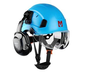 Mustbau Casco di Sicurezza EN397, Cappello Rigido con Paraorecchie e Visiera, Fascia Regolabile da 53 a 63cm, Materiale ABS Resistente Per Uomini Donne - Blu