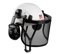 Mustbau Casco di Sicurezza per Motosega, Casco Protettivo con Paraorecchie e Visiera In Rete, Fascia Regolabile 53 a 63 cm Adatto per Silvicoltura, Cantiere, Lavoro - Bianco