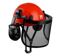 Mustbau Casco di Sicurezza per Motosega, Casco Protettivo con Paraorecchie e Visiera In Rete, Fascia Regolabile 53 a 63 cm Adatto per Silvicoltura, Cantiere, Lavoro - Rosso