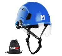 Mustbau Elmetto rigido di sicurezza da arrampicata con visiera trasparente e sottogola 53-63 cm, ideale per costruttori e lavori in altezza, EN12492 (Blu scuro)