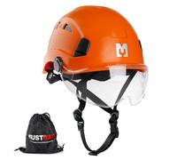 Mustbau Elmetto rigido di sicurezza da arrampicata con visiera trasparente e sottogola 53-63 cm, ideale per costruttori e lavori in altezza, EN12492 (Arancione)