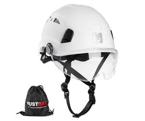 Mustbau Elmetto rigido di sicurezza da arrampicata con visiera trasparente e sottogola 53-63 cm, ideale per costruttori e lavori in altezza, EN12492 (bianco)