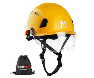Mustbau Elmetto rigido di sicurezza da arrampicata con visiera trasparente e sottogola 53-63 cm, ideale per costruttori e lavori in altezza, EN12492 (Giallo)
