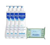Mustela | Set di 4 Gel Lavanti 500 ml + 1 Confezione da 60 Salviette in Omaggio | Pulisce e protegge | Lenisce e compensa gli effetti disidratanti del bagno | Corpo e capelli | Bambini e neonati | BIO