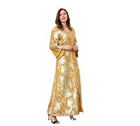 Musulmano Partito Lungo Abito Stampa Foderato Chiffon Abaya Donne Treccia Passamanerie Caftan Arabi Dubai Abiti, Jalabiya giallo, M