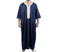 Musulmano Uomo Arabo Islamico Sciolto Camicia Robe Stile Etnico Casual Dubai Con Cappuccio Caftano Abbigliamento, Marina Militare, L