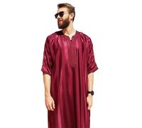Musulmano Uomo Arabo Islamico Sciolto Camicia Robe Stile Etnico Casual Dubai Con Cappuccio Caftano Abbigliamento, Rosso vinaccia, L
