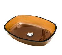 MUSUMI Lavabo da Bagno, lavabo da appoggio in Vetro temperato Marrone, lavabo Artistico con Installazione da appoggio con Rubinetto in Ottone e Scarico a Scomparsa Combinato