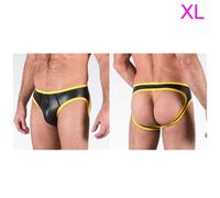 Mutandina uomo gay in neoprene nero con bordo giallo aperta dietro open for now