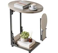 Mutool Tavolino pieghevole a forma di C, tavolino rotondo con struttura in metallo, tavolino piccolo per soggiorno, camera da letto, ufficio, rovere grigio