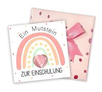 Mutstein - Set a forma di cuore per bambini, portafortuna blu, 2 cm, con biglietto arcobaleno scrivibile, 8 x 8 cm, regalo pronto in confezione regalo con nastro, per l'inizio della scuola e per la