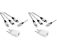 MUTTO Caricatore USB Multiplo 3 in 1 da Viaggio Universale, Caricatore per iPhone, Caricabatterie USB C e carica micro USB, adattatore presa + cavo di ricarica universale 3 in 1 (Confezione da 2)