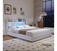 Mutuolux Letto baule 140 x 200 cm con LED e porte USB, letto matrimoniale imbottito con rete a doghe, testata per letti con ripostiglio, 2 persone per adulti e adolescenti, lino (bianco, 140 x 200)