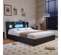 Mutuolux Letto baule 140 x 200 cm con LED e porte USB, letto matrimoniale imbottito con rete a doghe, testata per letti con ripostiglio, 2 persone per adulti e adolescenti, lino (nero, 140 x 200)