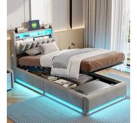 Mutuolux Letto baule 90 x 200 cm con LED e porte USB, testiera con custodia, letto matrimoniale con rete a doghe, facile da montare, per adulti e adolescenti, velluto (grigio, 90 x 200 cm)