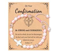 MUU Braccialetto con perle rosa e croce incastonata, bracciale regolabile per ragazze, regalo di cresima per ragazze con biglietto