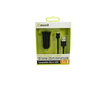 muvit Spring Pack - Caricabatterie da Auto 1 USB 1 A + Cavo Micro USB, 1 m, 1 A, Colore: Nero