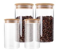MUXHEL 4 barattoli con coperchio, 4 l, in 2 misure: 700 ml, 1300 ml, con coperchio, ermetici, in vetro con coperchio in legno, contenitore da cucina