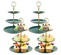 MUXHEL Set di 4 alzate per torte a 3 ripiani per tè pomeridiano, in plastica, verde, riutilizzabili, per matrimoni, compleanni, pomeriggi, tea party