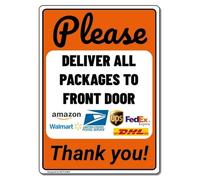 MUYIASER Cartello per esterni con scritta in lingua inglese "Please Deliver All Packages to Front Door (arancione), istruzioni per l'ingresso, cartello in alluminio composito per esterni per la casa