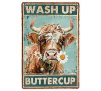 MUYIASER Targa in metallo con mucca delle Highland Wash Up Buttercup Vintage Metal Signs Retro in alluminio per camera da giardino porta casa bar caffetteria Decor 20 x 30 cm