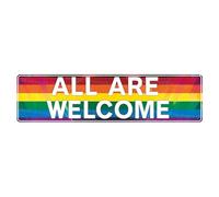 MUYIASER Targa in metallo con scritta "All Are Welcome LGBT Rainbow Sign Pride Arcobaleno", vintage, in alluminio, per club, esterni, casa, bar, caffetteria, 10 x 40 cm