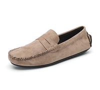 Muyin Mocassini da uomo in pelle scamosciata Vamp Penny mocassini cuciture dettagli punta rotonda flessibile resistente tacco piatto da passeggio slip on, cachi, 42 2/3 EU