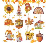 Muyohix 12 Pezzi 5D DIY Pittura Diamante Portachiavi Autunno, Pittura Diamante Portachiavi con Gnomi e Zucche, DIY Diamond Painting Bambini per Decorazione Halloween, Regali e Attività Familiari